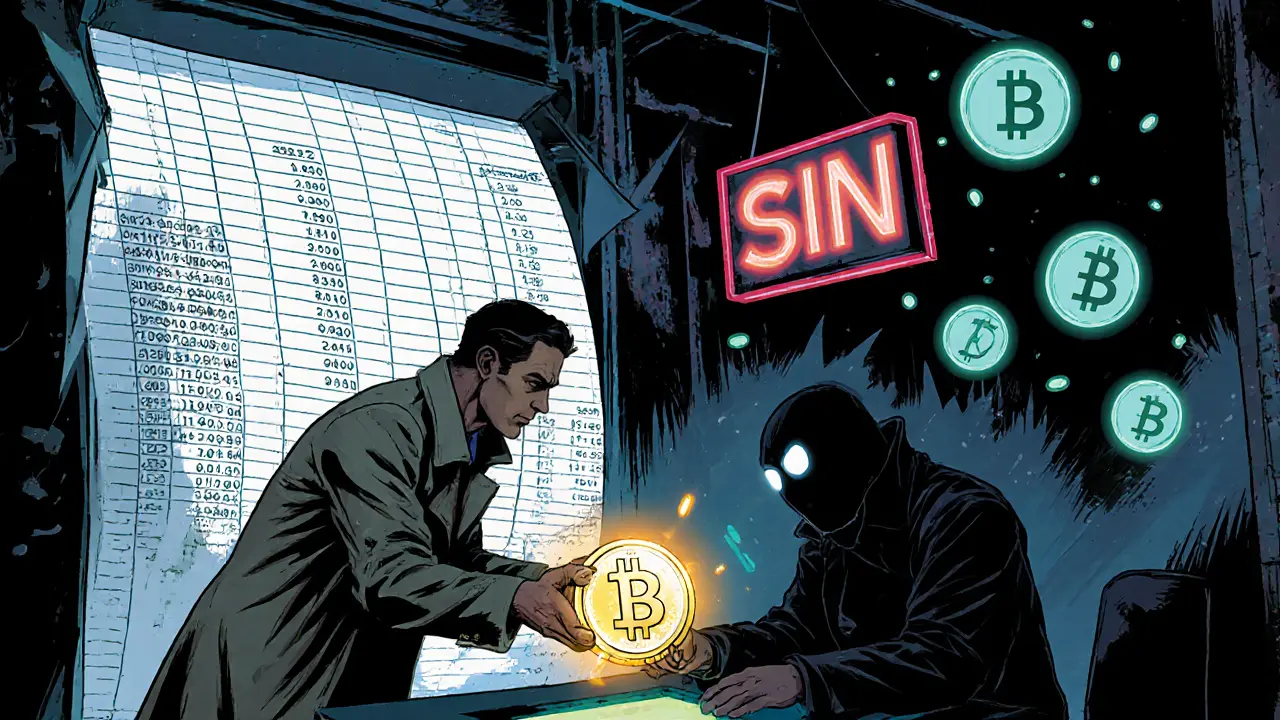A clandestine exchange in a digital alley: a Gold SIN Coin is handed over at a glowing blockchain terminal under neon shadows.