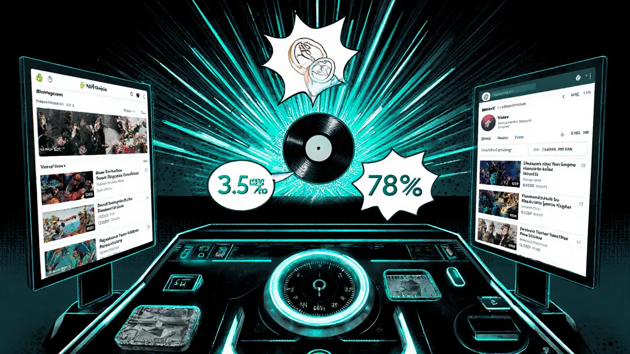 A creator&#039;s dashboard transforms into a superhero control panel, with NFTs materializing into physical goods and royalty percentages glowing on screens.