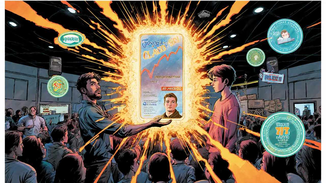 A creator gives a fan a personalized NFT that opens a portal to AI-generated art, while royalty earnings rise in holograms around them.