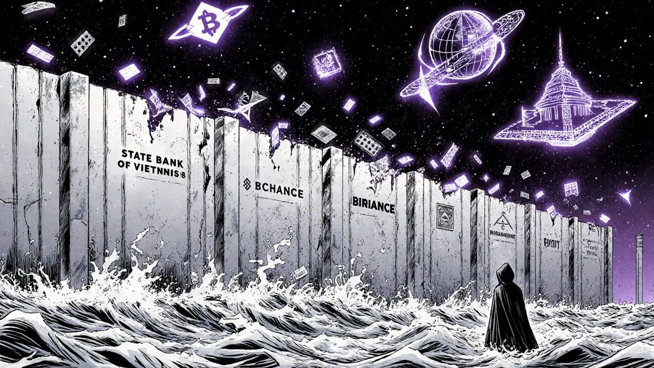 A crumbling government ban wall overwhelmed by glowing crypto transactions flowing into global networks.