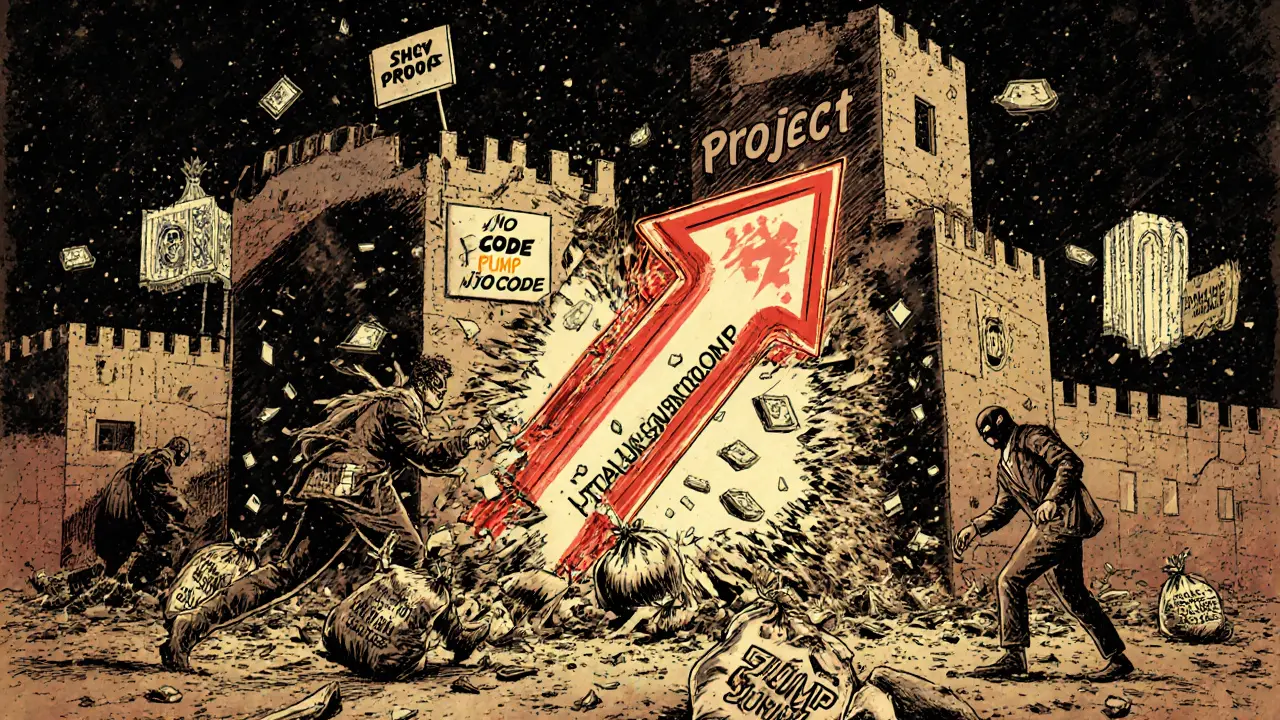 A crumbling SHY project fortress collapsing into digital dust as fake promoters flee with cash.