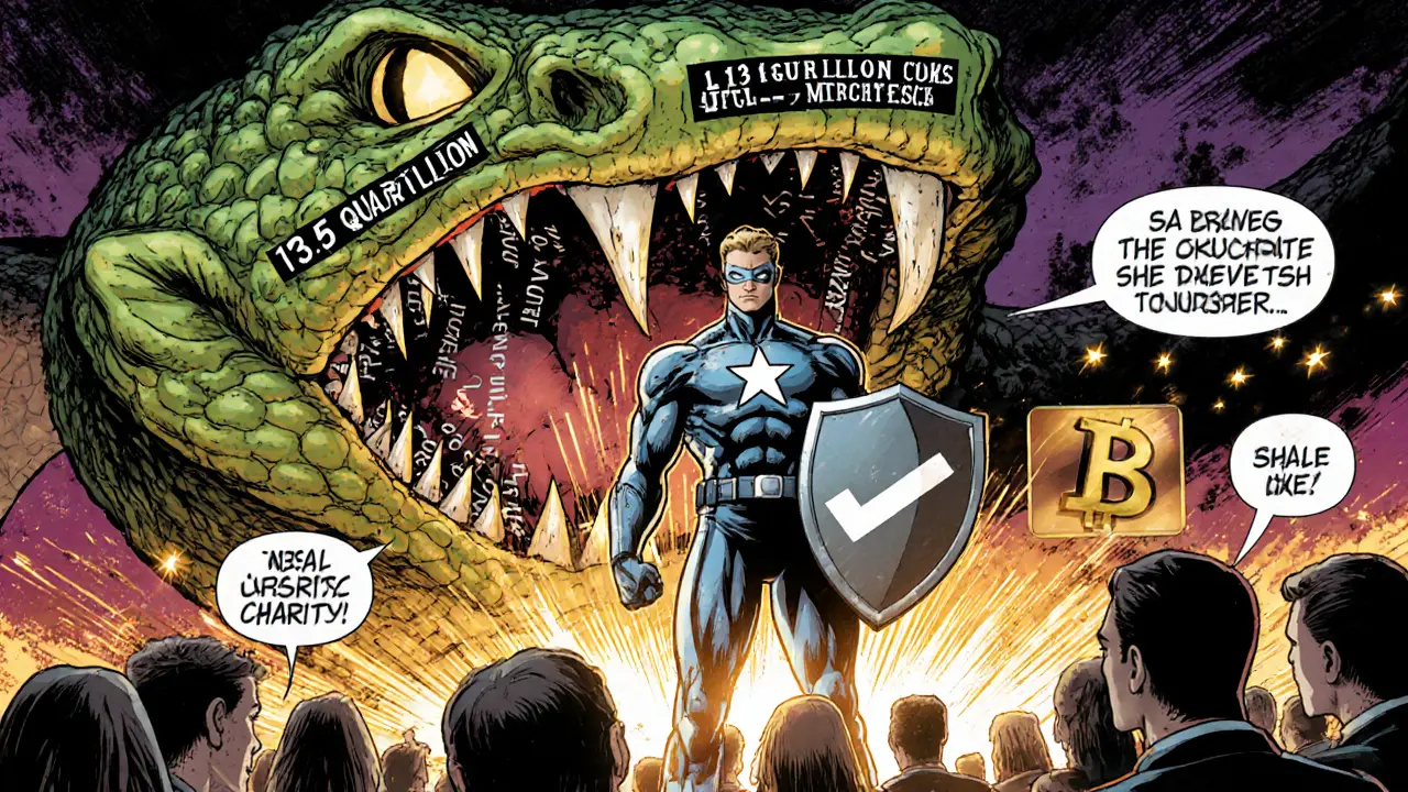 A crypto hero battling a blockchain serpent labeled with fake token supply, while real charities shine behind.