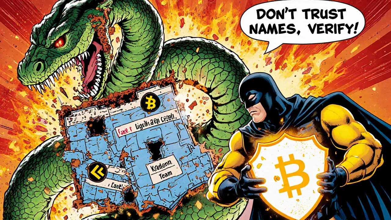 A Crypto Watchdog superhero destroying a snake made of fake exchanges with glowing legit exchange shields.