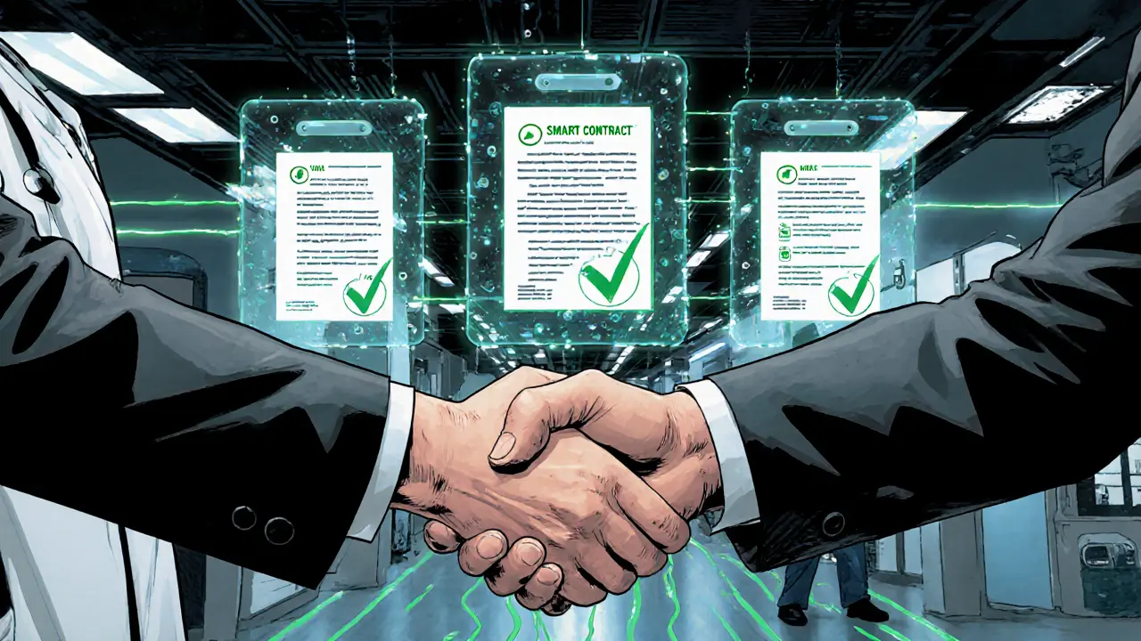 A doctor and patient shake hands as holographic smart contracts verify access to secure health data.