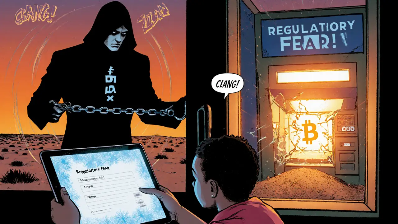 A family stares at a frozen bank screen as a shadowy regulator locks a door labeled &#039;CRYPTO ACCESS&#039; behind them.