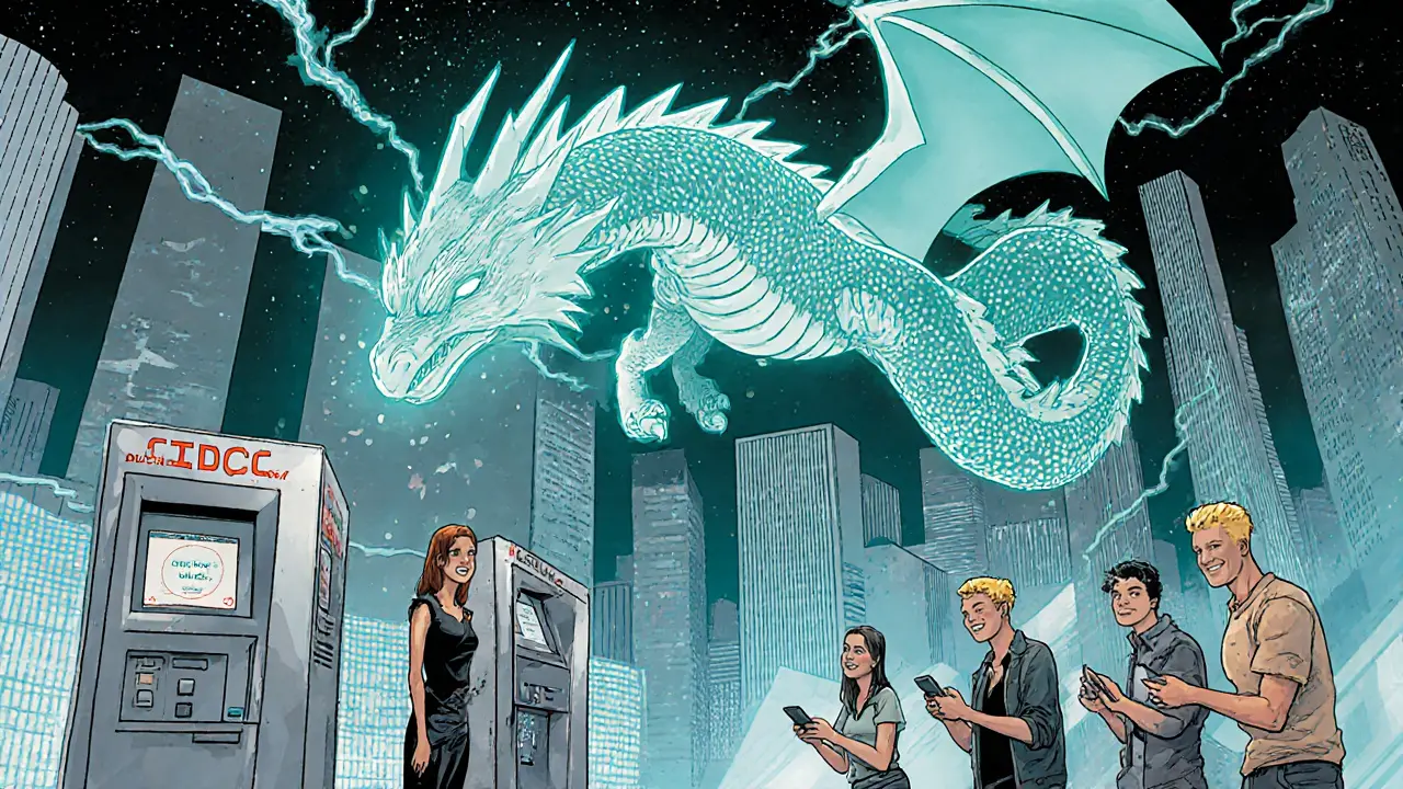 A futuristic city where digital wallets convert crypto to fiat seamlessly, with a CBDC dragon symbolizing secure, government-backed digital money.