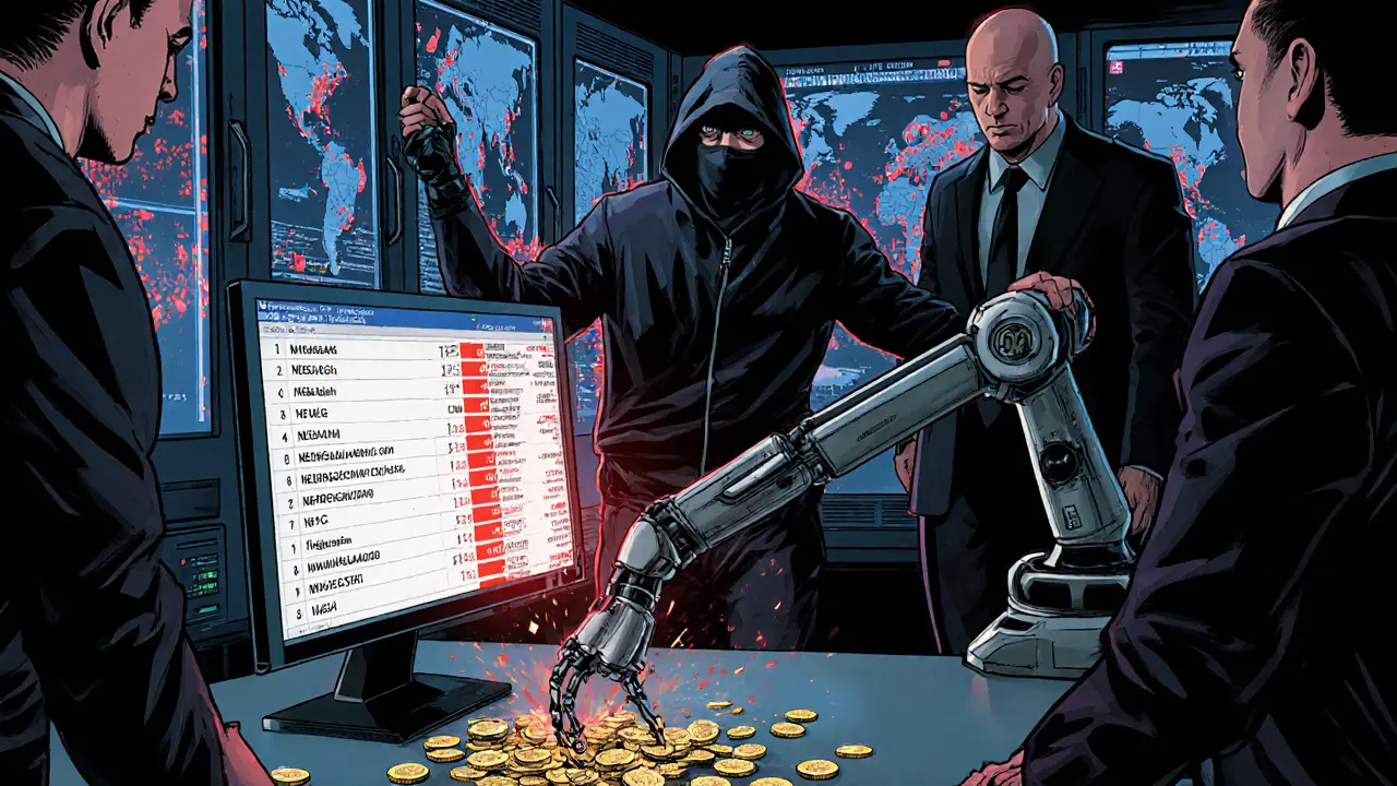 A hacker arrested by Treasury agents in a server room filled with flagged crypto addresses on glowing screens.