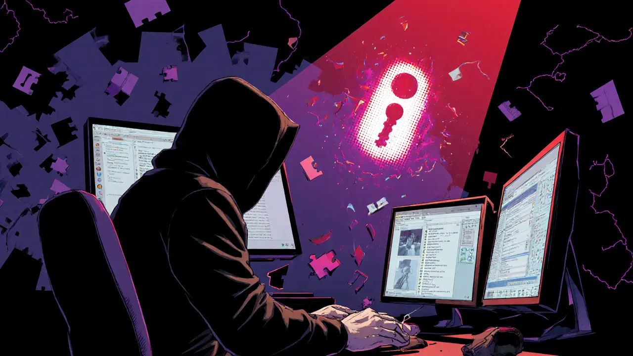 A hacker fails to reconstruct medical data as a glowing patient key repels their tools with protective energy.