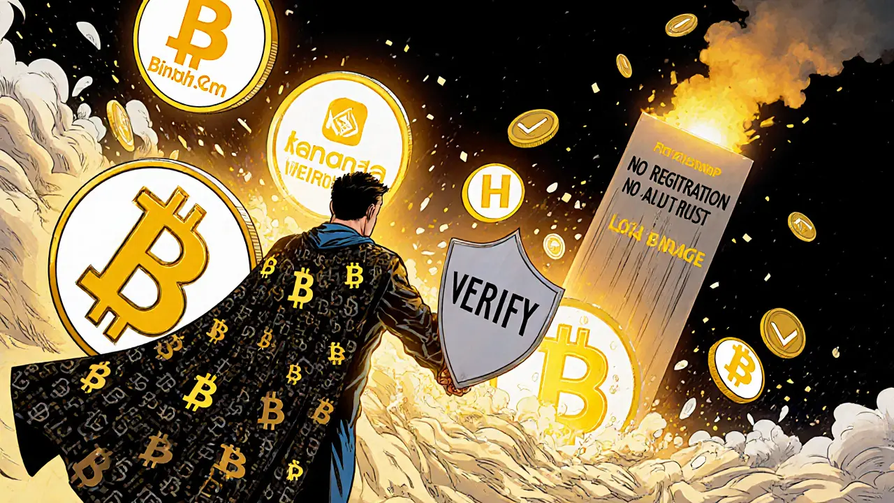 A hero in a blockchain cape blocks fake crypto coins, while real exchanges glow safely in the background.