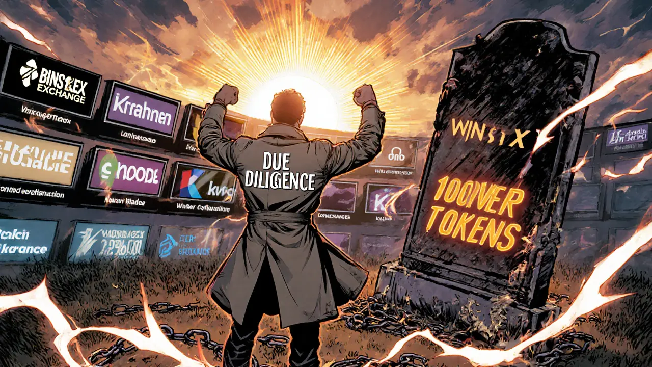 A hero stands before safe crypto exchanges as a tombstone for Winstex lies broken at his feet.