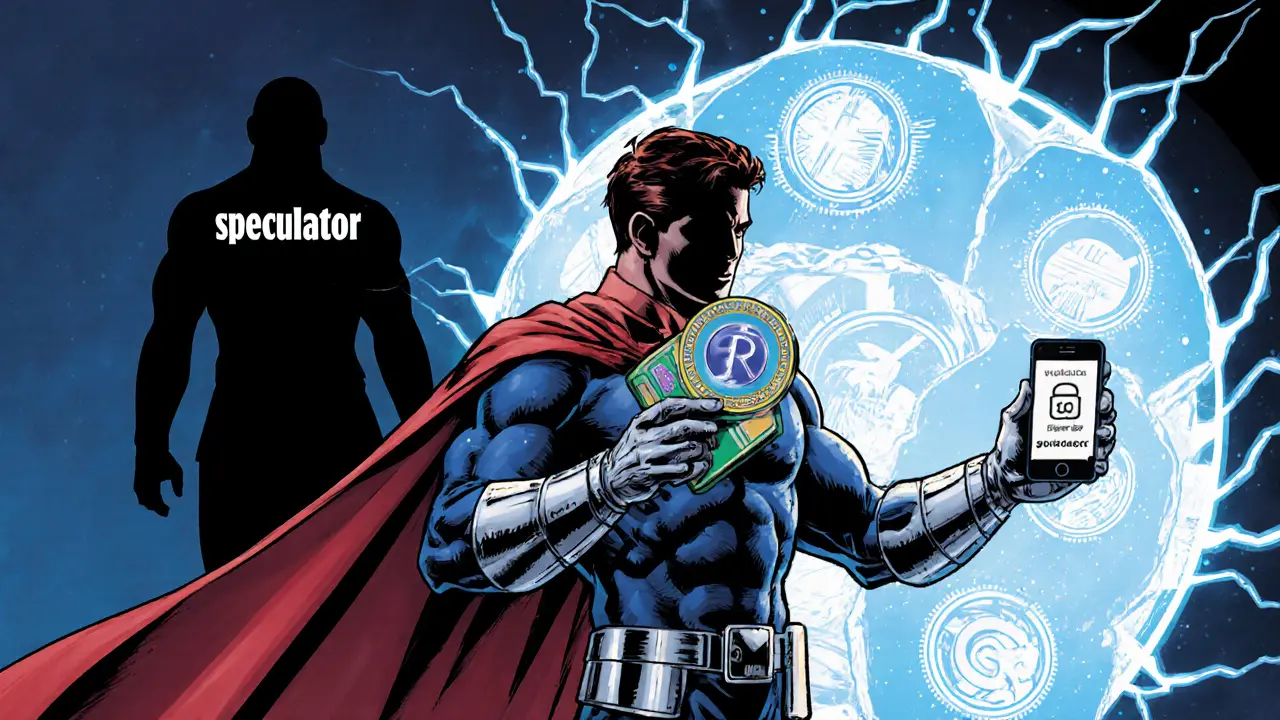 A hero uses a phone wallet to unlock future DeFi tools as a speculative figure fades away.