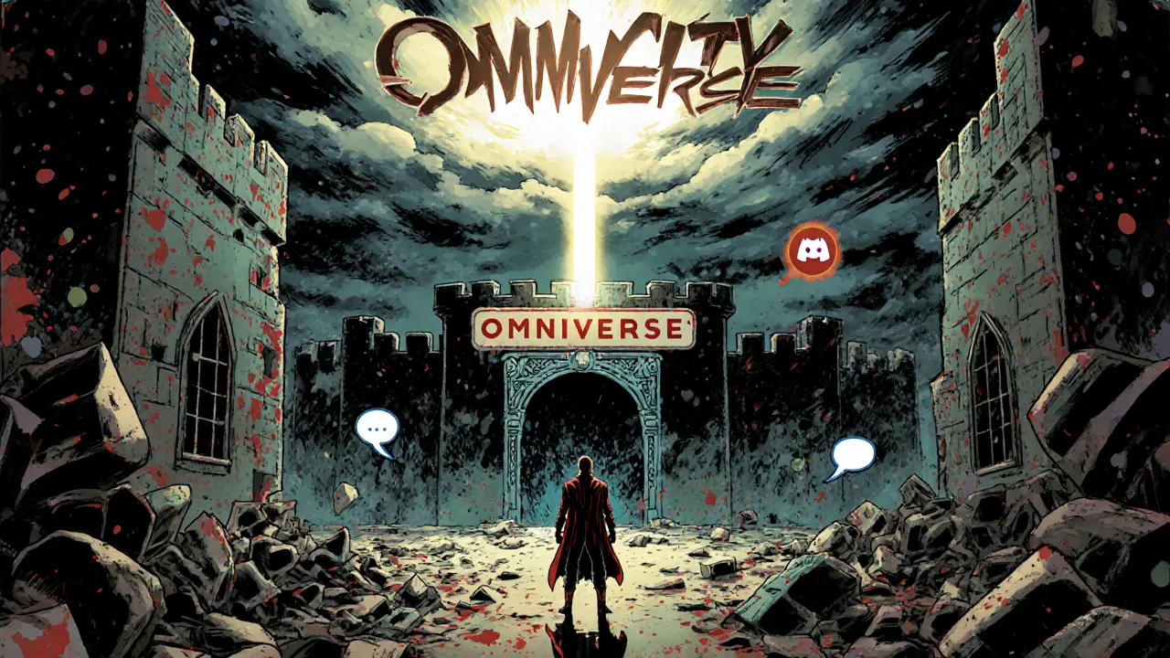 A lone figure faces a crumbling Sin City fortress as a faint Omniverse portal glows in the stormy sky above.