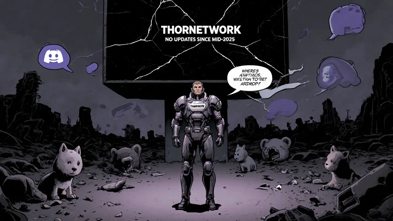 A lone hero stands in a desolate digital wasteland surrounded by abandoned NFTs and silent chat bubbles.