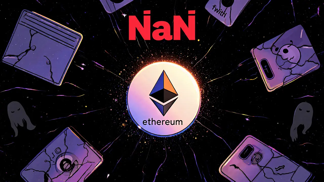 A lone WIN token floating in space surrounded by dark, cracked social media icons and a giant NaN symbol above.