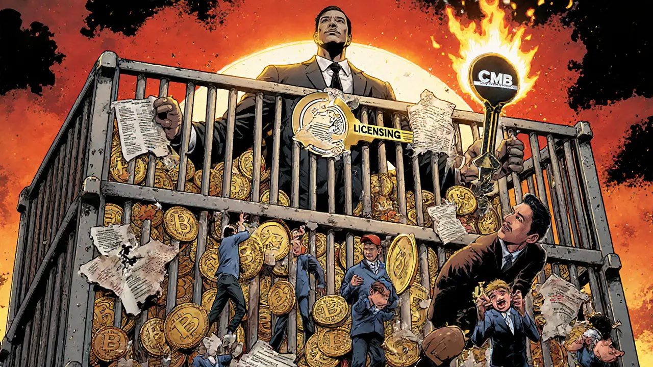 A massive blockchain cage imprisons crypto coins and citizens as a government figure holds the licensing key.