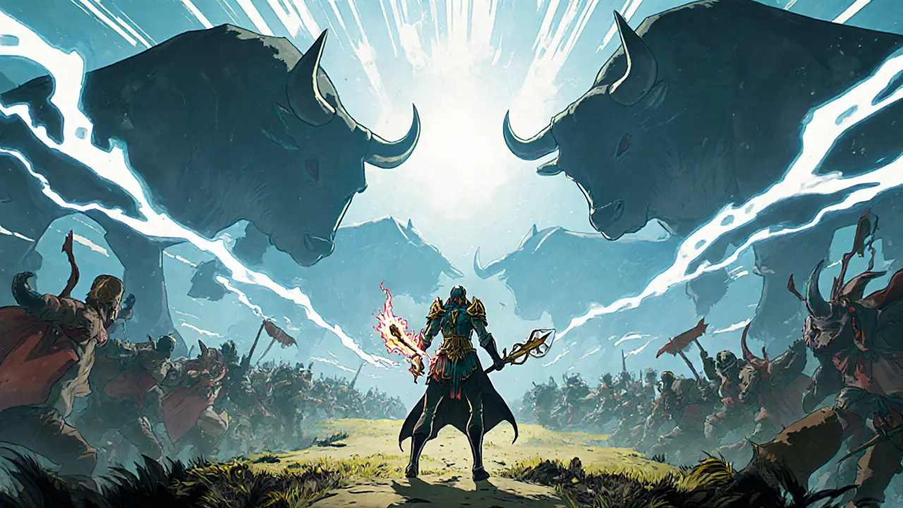 A Polqueen holder standing on claimed land, preparing for battle as elite Bull NFTs watch above.