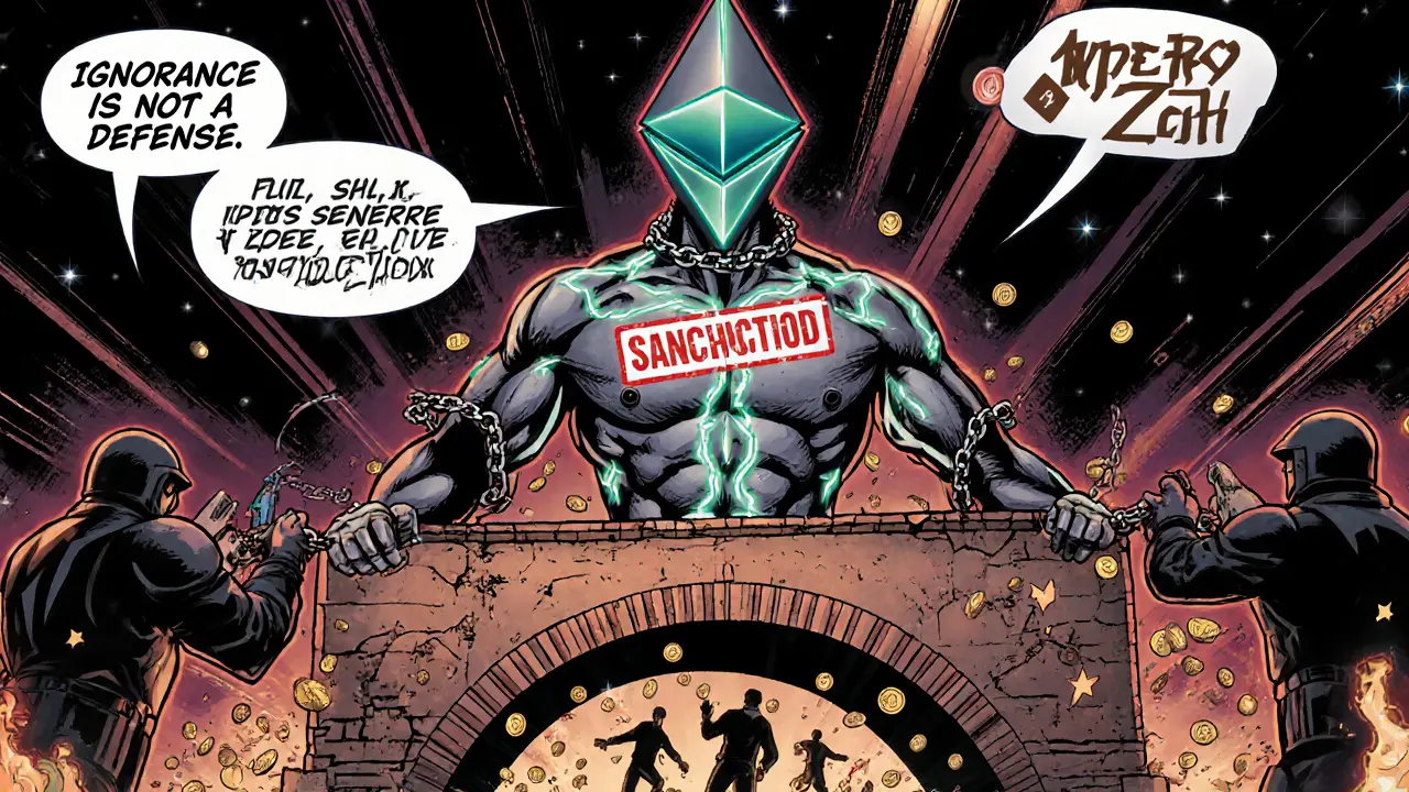 A sentient smart contract being sanctioned by OFAC agents as users flee collapsing blockchain bridges.