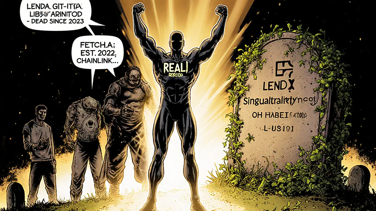 A superhero stands on a thriving blockchain as LENDA&#039;s tomb decays behind them, choked by vines.