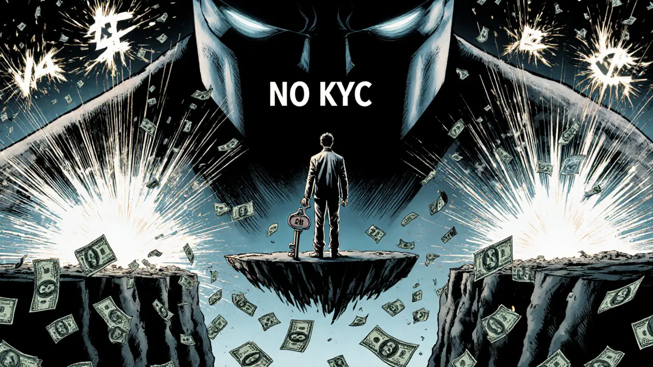 A trader on a floating platform above falling dollars, holding a 2FA key as a faceless NO KYC entity looms behind.