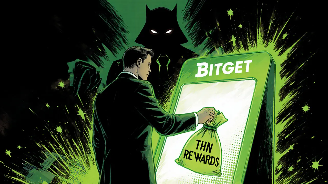 A trader receives THN rewards from Bitget while the Throne logo fades into darkness behind them.