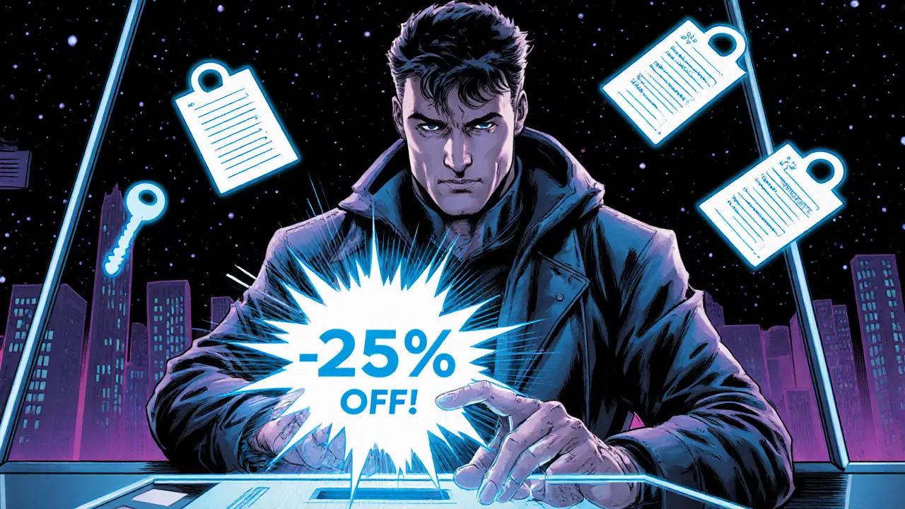 A trader using EMRX to get a 25% fee discount on a holographic trading interface with voting tokens floating nearby.