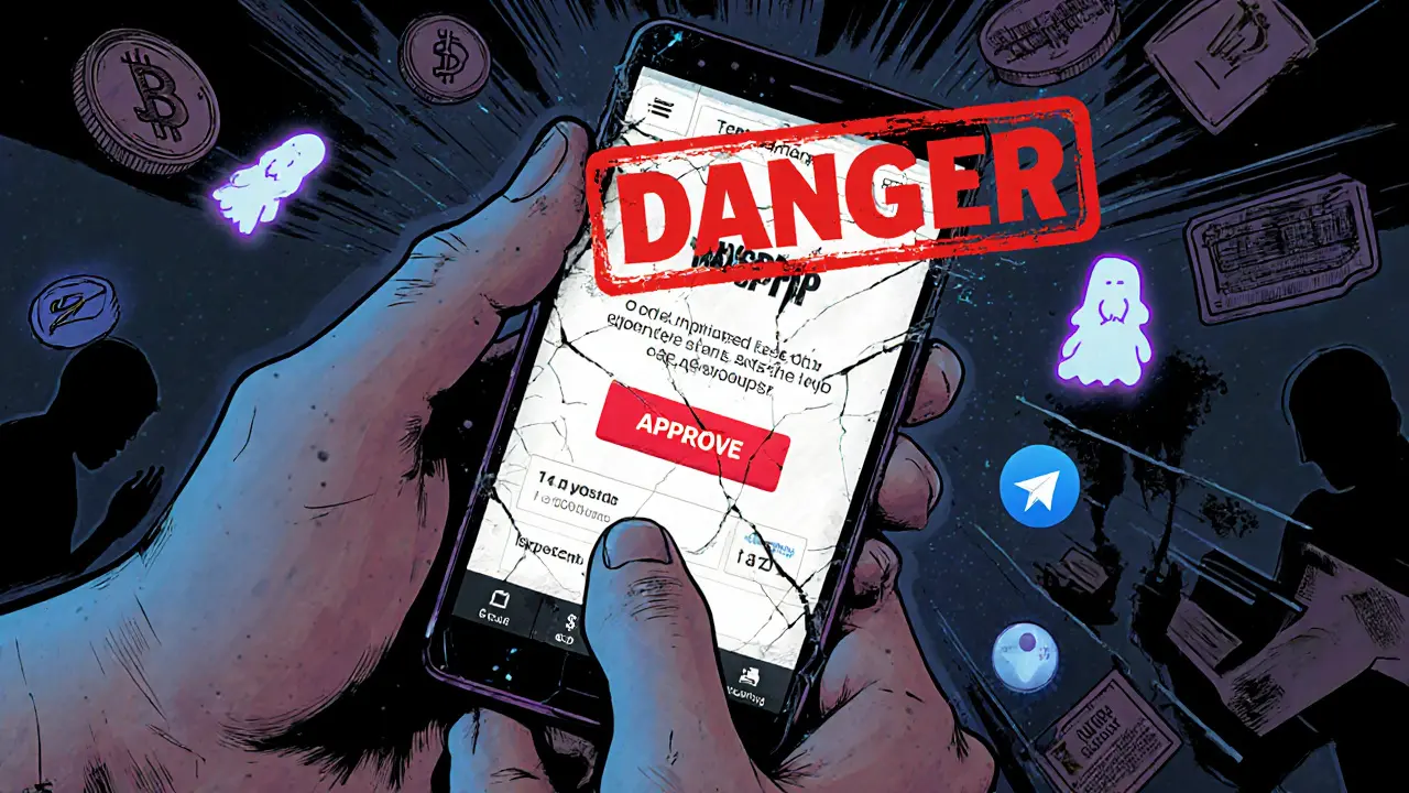 A trembling hand hovering over a glowing red &#039;APPROVE&#039; button on a fake airdrop website.