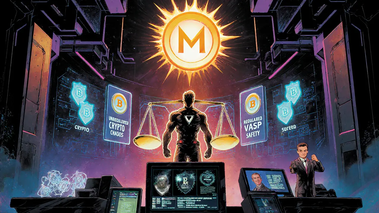 A VASP operator manages secure crypto systems under FSC oversight with holographic blockchain displays.