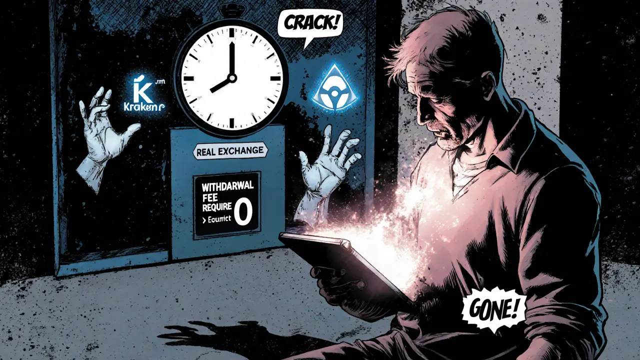 A victim stares at a vanished account as ghostly hands demand fees, with real exchanges shining in the distance.