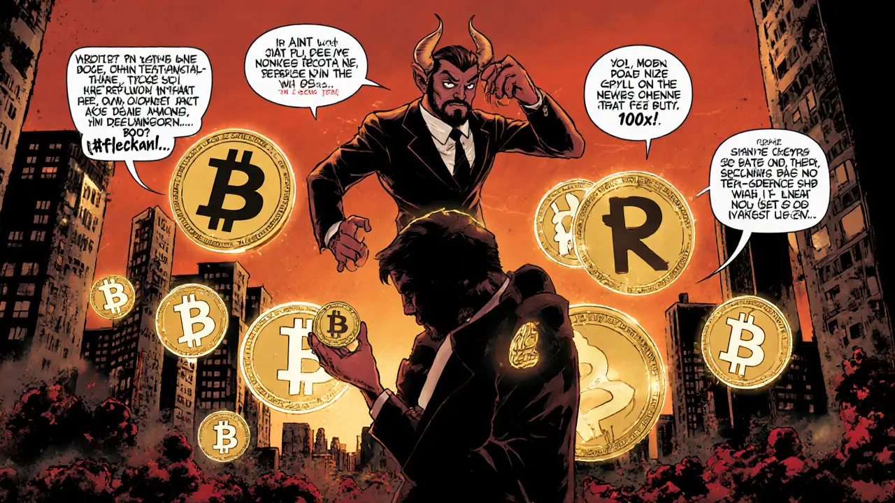 An investor surrounded by giant legitimate crypto tokens while a demon whispers &#039;100x!&#039; into their ear.