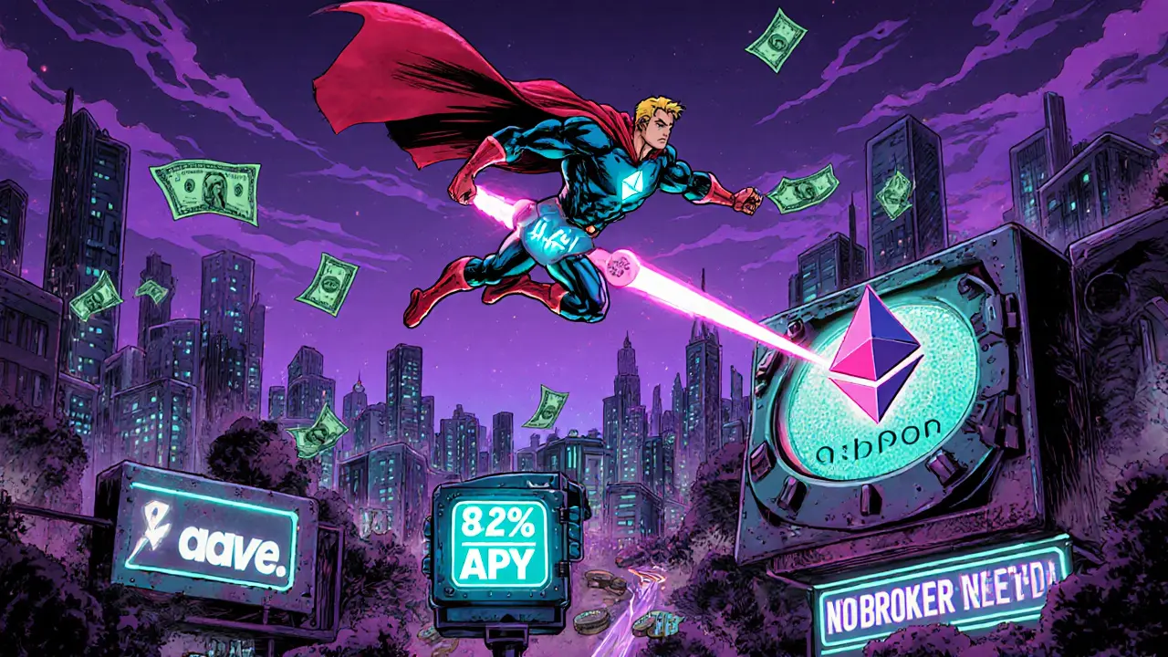 AXPon Man flying over DeFi vaults, firing dividend beams that multiply tokens in a cyberpunk financial city.