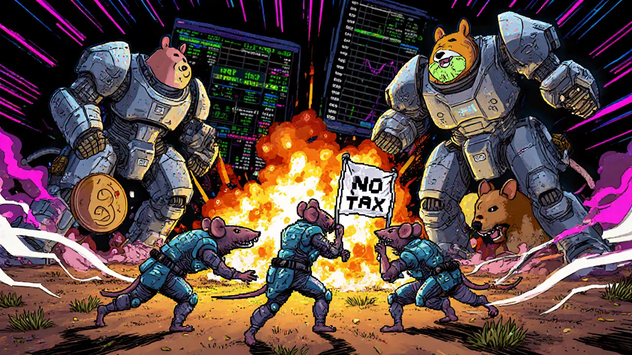 BRAT warrior rats battling meme coin mech suits in a pixelated blockchain battlefield.