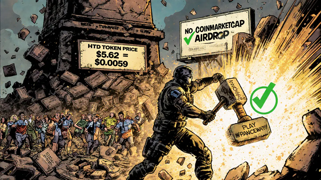 Collapsed HTD price monument with broken NFT cards, hero smashing a portal to PancakeSwap as investors flee.