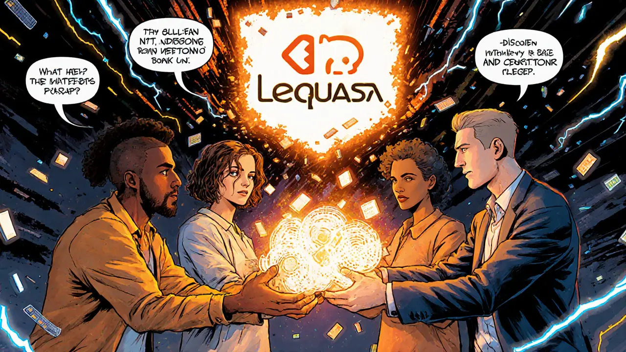 Community contributors receiving Polqueen NFTs from a holographic logo amid digital chaos.