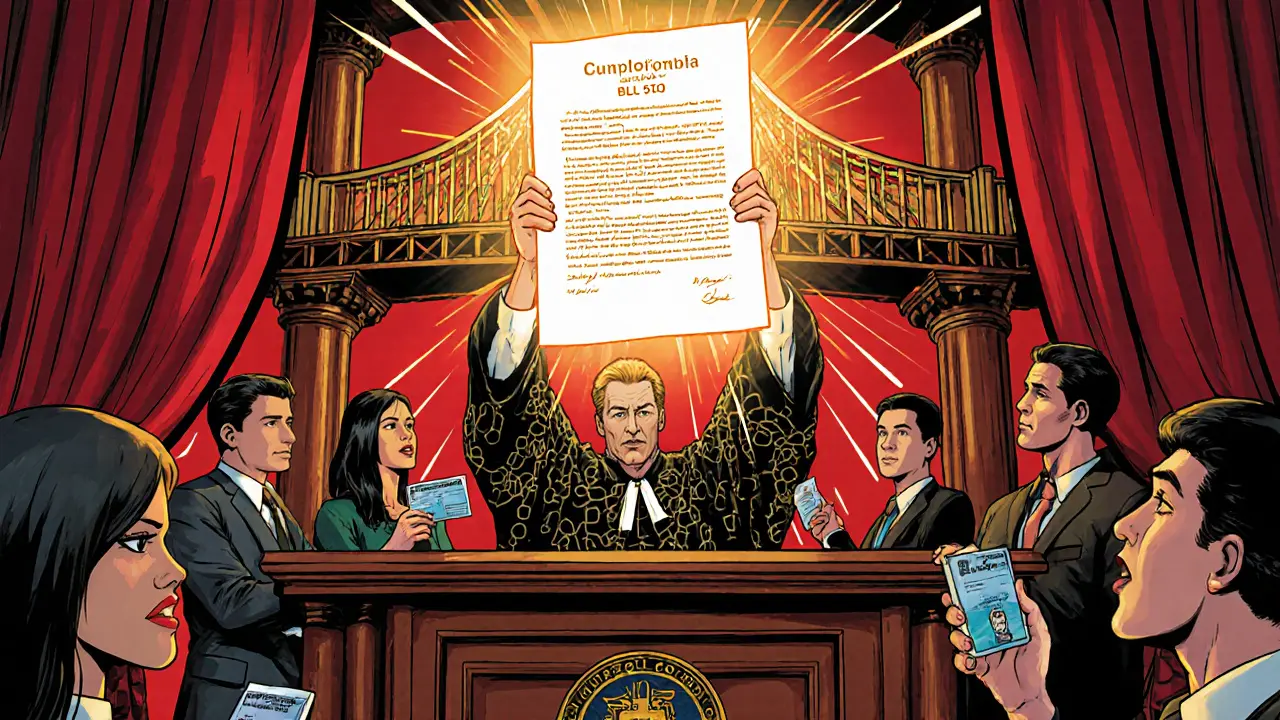 Courtroom scene with Bill 510 transforming into a bridge to digital finance