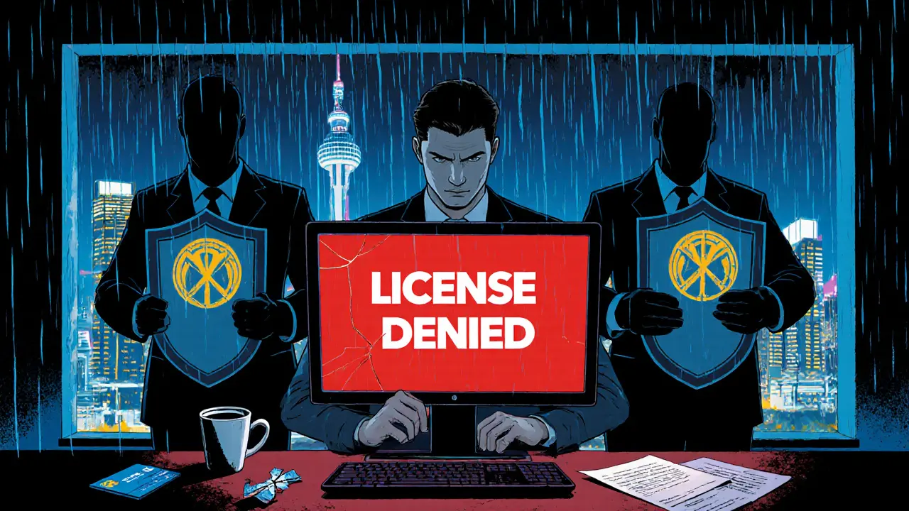 Crypto developer facing license denial as compliance officers loom behind in a Singapore office.