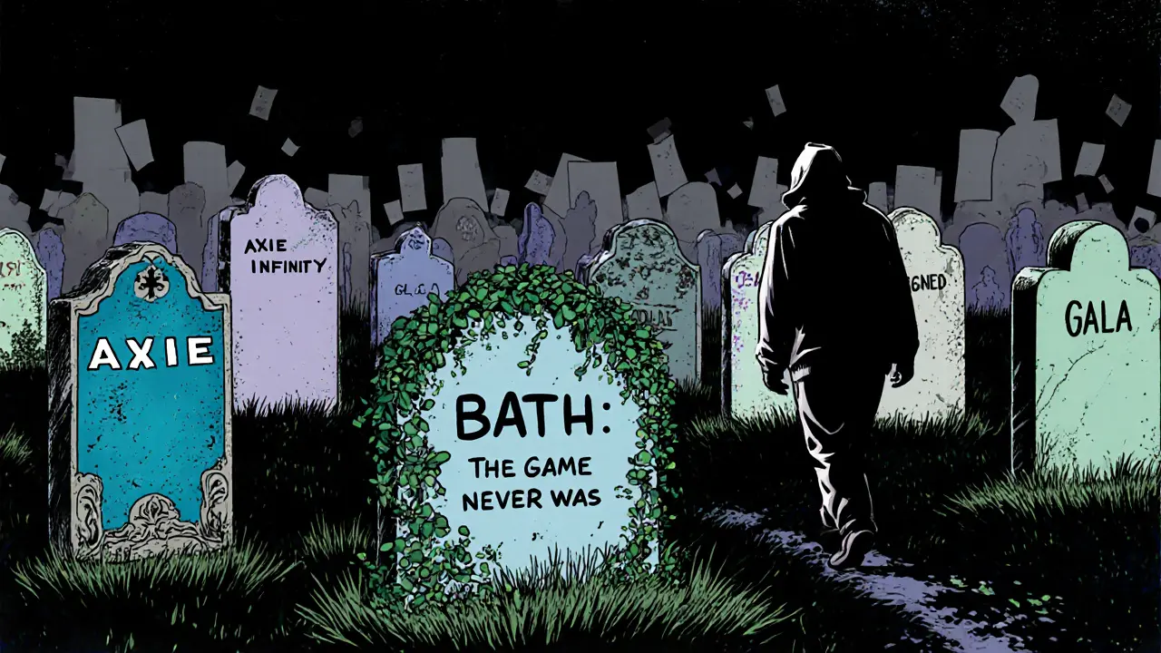 Crypto graveyard with BATH tombstone among thriving projects.