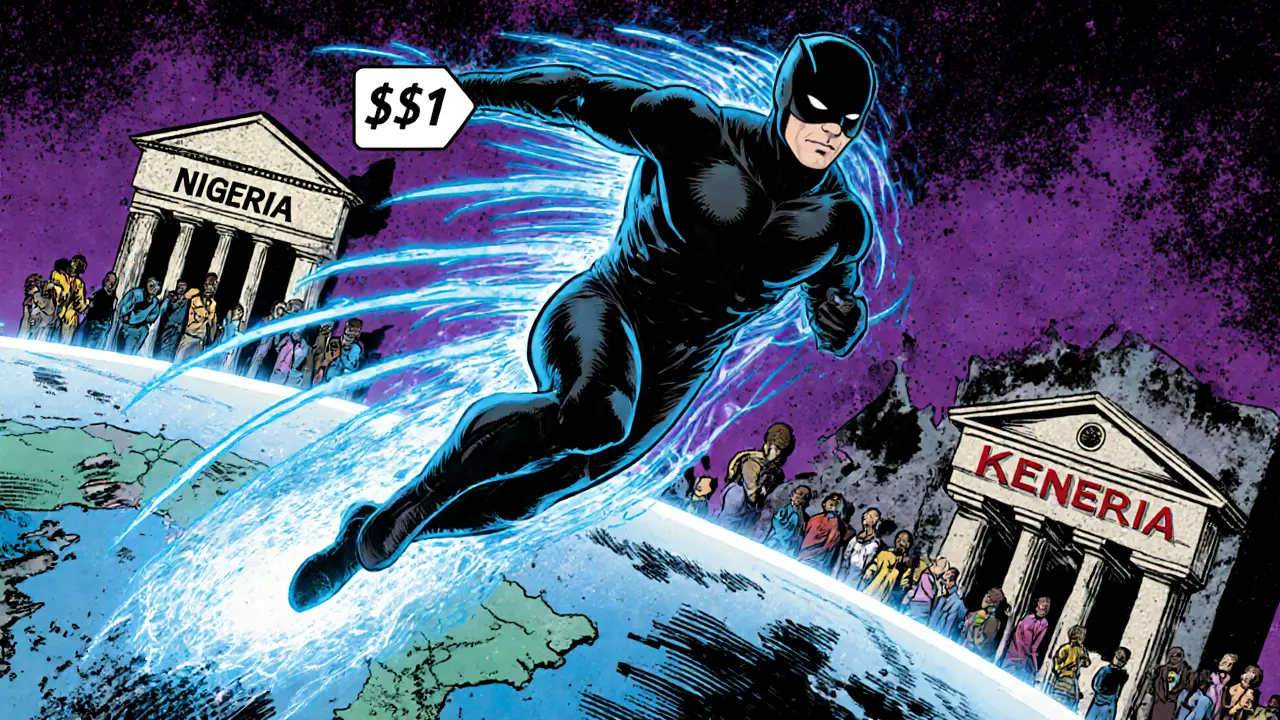 Crypto hero sending fast, low-cost digital payments across continents, leaving traditional banks behind in ruins.