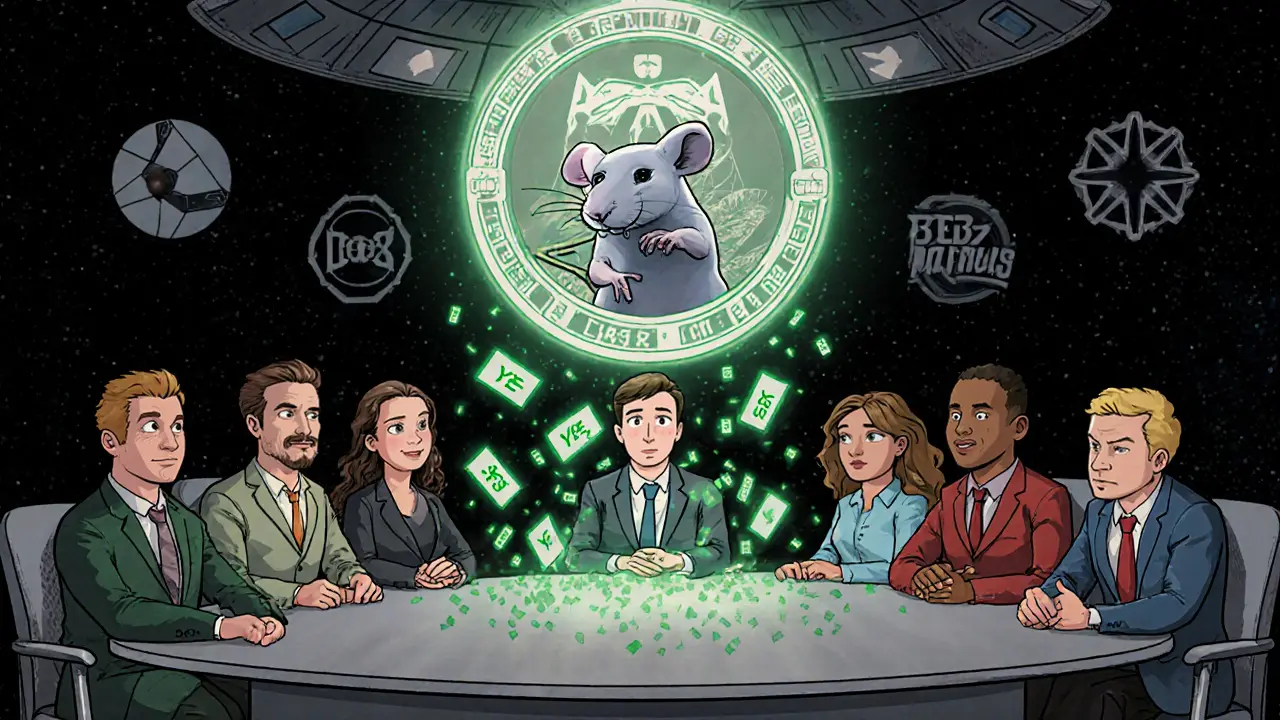 Crypto holders voting in a floating blockchain council, with a giant rat emblem above them.