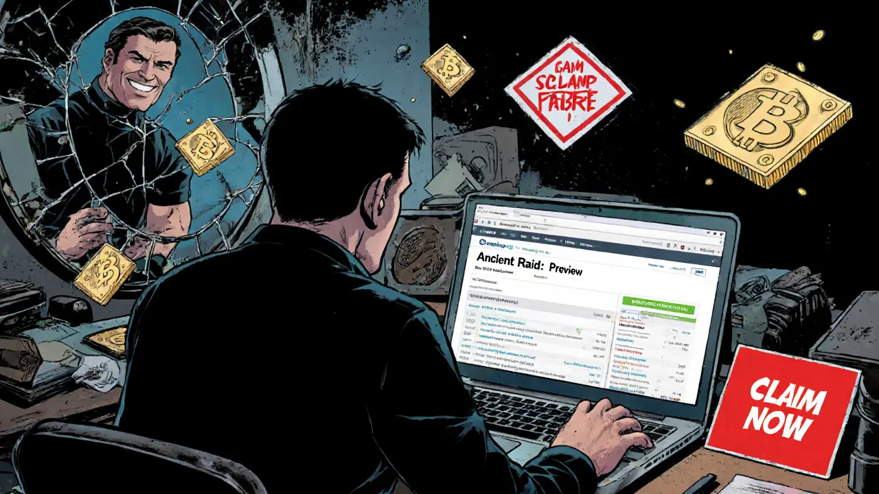 Crypto user surrounded by fake NFT pop-ups and a scammer reflection in a cracked mirror.