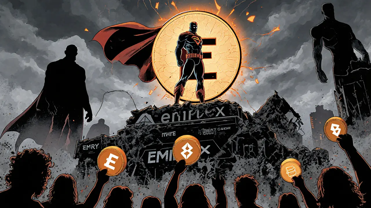 EMRX token as a lone superhero standing on a crumbling exchange while giant crypto platforms loom in the distance.