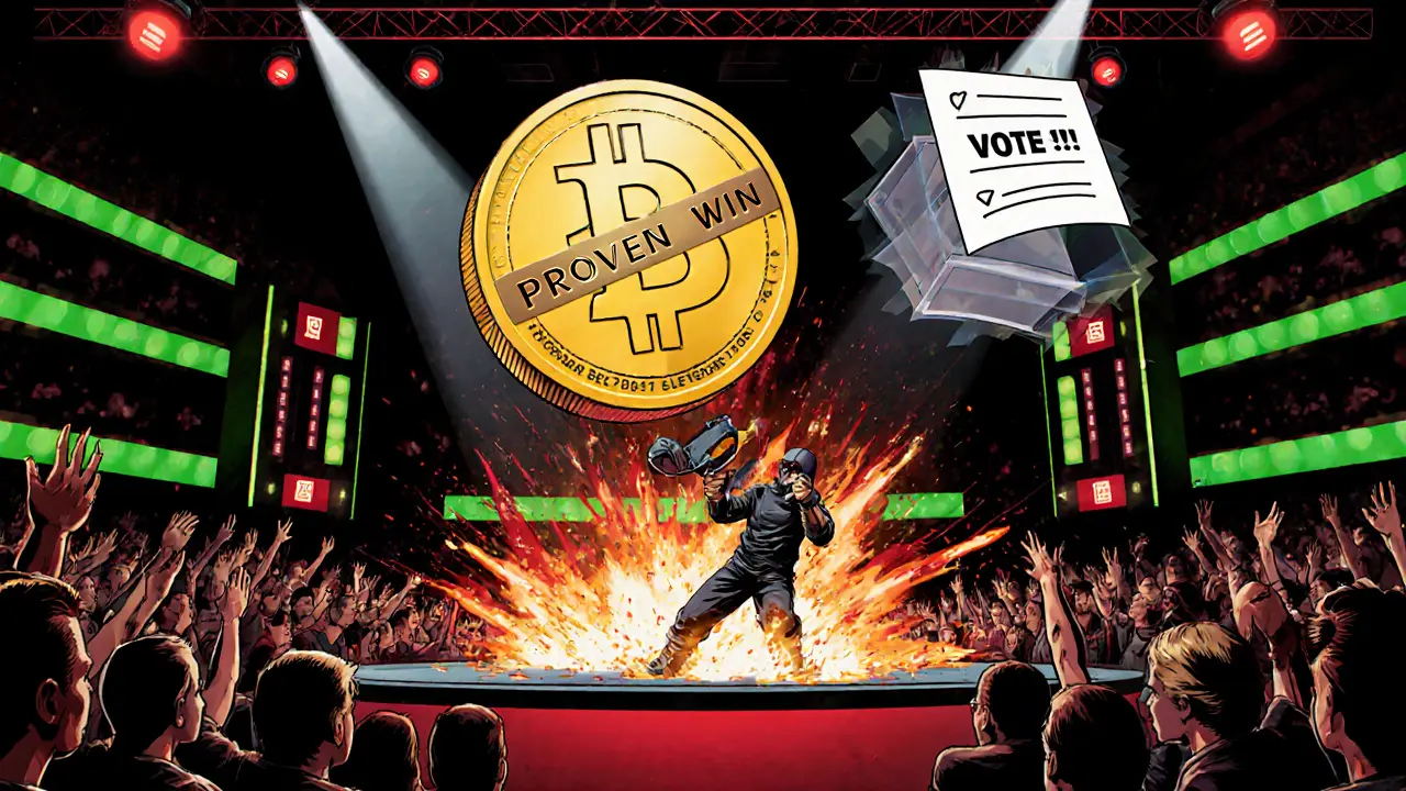 Esports player wins 1v1 match as giant ELP coin with &#039;PROVEN WIN&#039; seal hovers above the stage.