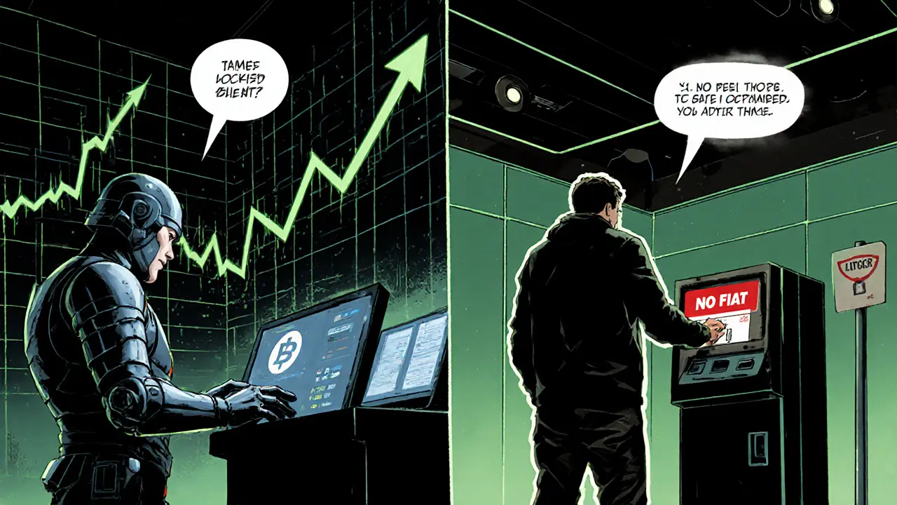 Experienced traders riding token rockets while beginners struggle with a locked &#039;NO FIAT&#039; terminal on a divided trading floor.