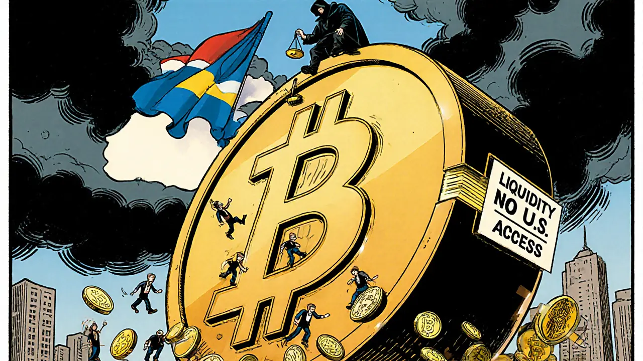 Giant Bitcoin coin with traders falling into liquidation pit, shadowy figure holding liquidity scale above a dark city.