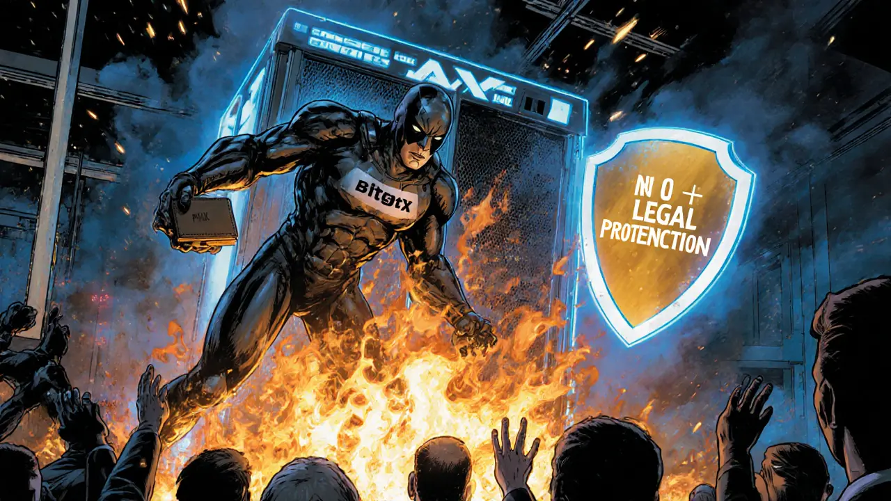 Hero in PDAX suit rescuing a wallet from burning Bitget server, shield reading &#039;SEC Licensed&#039; behind them as citizens watch.