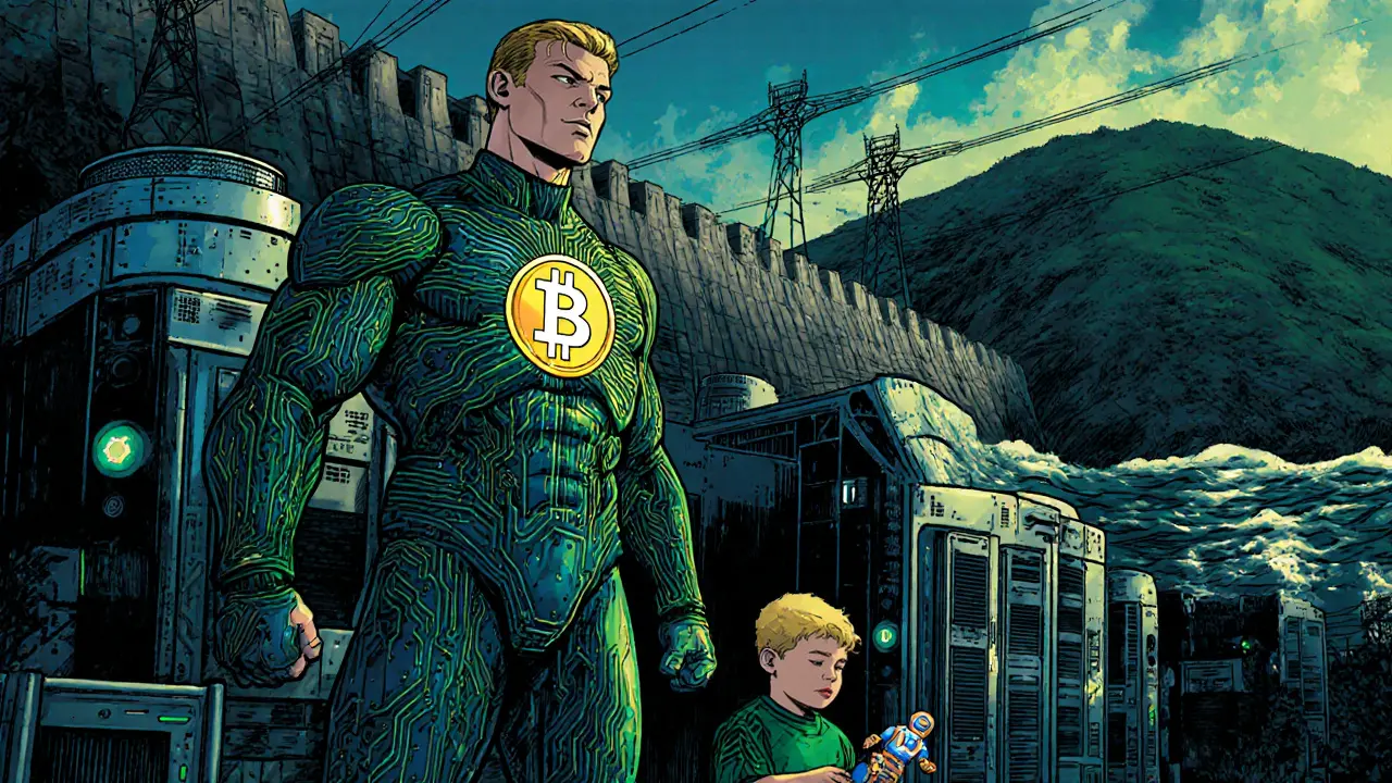 Heroic miner beside hydro dam with glowing COPW coin and child