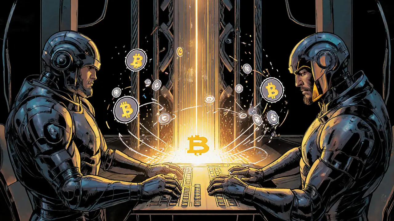 Node operators stake ELP tokens into a glowing blockchain core with verification symbols swirling around.