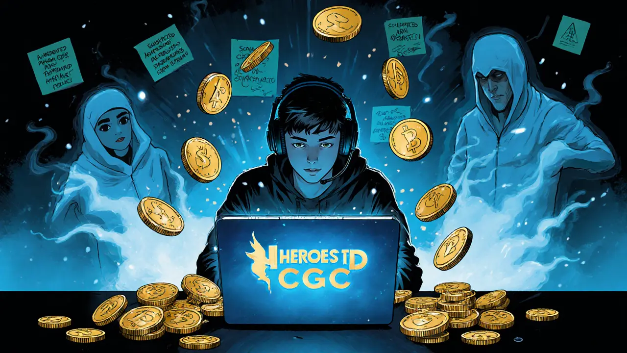 Player immersed in HeroesTD game, CGC tokens raining down, with scam figures dissolving into smoke behind them.