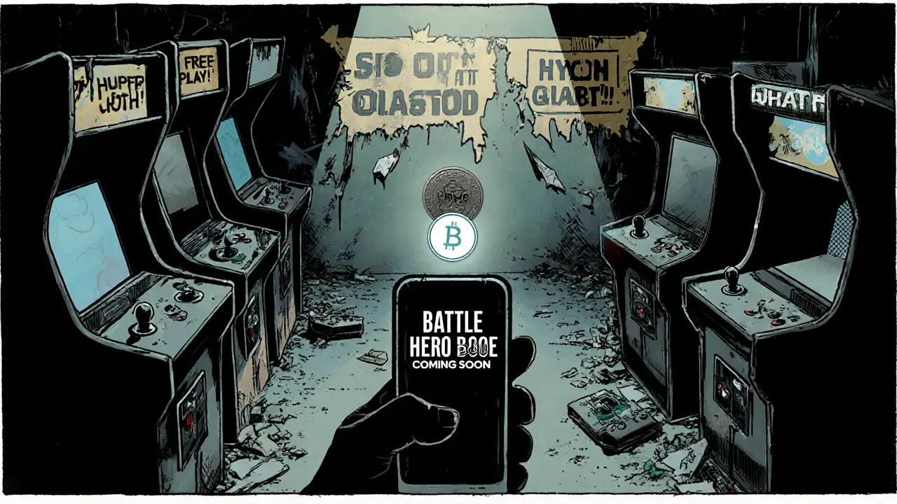 Player staring at frozen &#039;Battle Hero&#039; game screen in empty arcade.