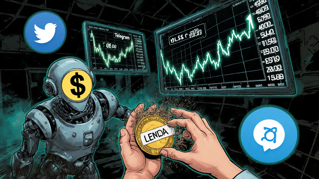 Robotic bots manipulate wild price graphs while an investor watches a LENDA token turn to dust.