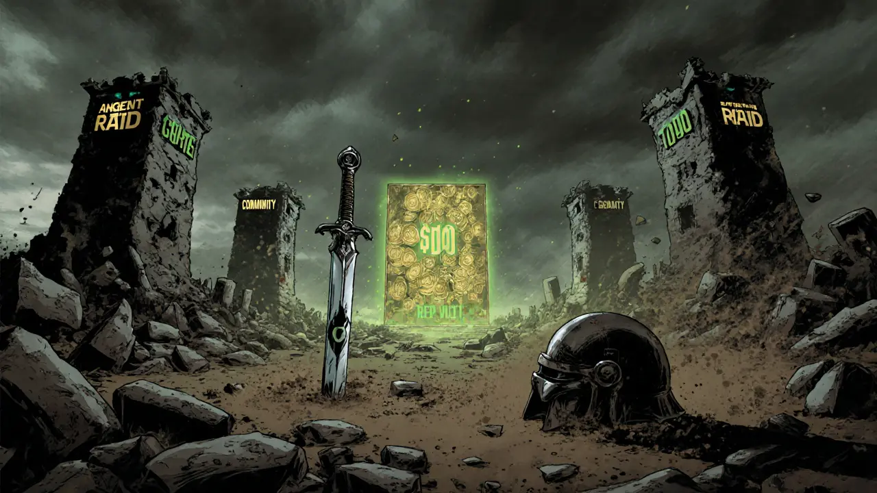 Ruins of a failed game world with a broken sword and fading RAID tokens in the distance.